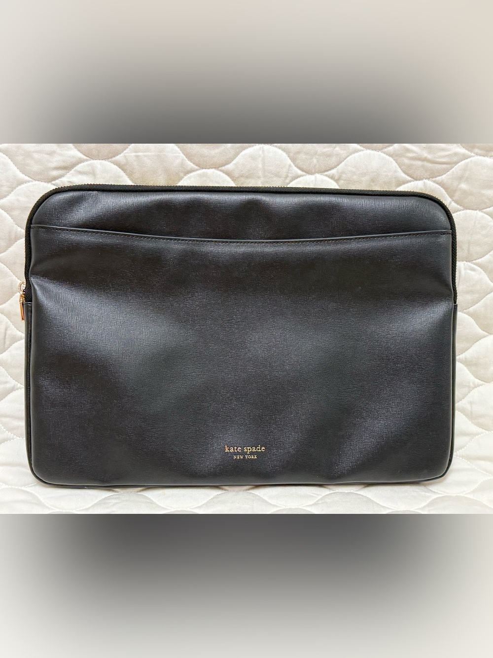 kate spade NY Black Saffiano Leather Laptop Sleeve with Gold Logo